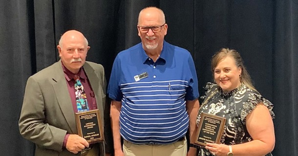 (L-R) NCTA instructor Dan Stehlik, Dean Larry Gossen, and Associate Dean Jennifer McConville at the Nebraska Career Education Conference Awards luncheon in Kearney on June 4, 2024. Mr. Stehik received the ACTEN Lifetime Achievement Award, and Dr. McConville was named Administrator of the Year.